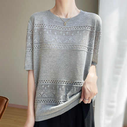 Korean Style Sweet Round Neck Summer Pullover T-Shirt Design Cut Out Jacquard Thin Knitwear Top for Women