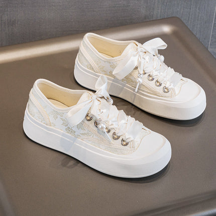 2024 Spring and Summer New White Shoes Lace-up Satin Casual Large Size Board Shoes 4143 Thick Sole Increased Soft Sole German Training Shoes