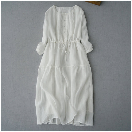 Drawstring dress Loose Artistic Slimming Mid-length Organ Pleated Blue Mori Base Skirt Elegant Fairy Skirt for Summer