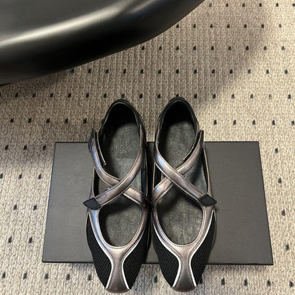 Ballet-Style Simple Mary Jane Training Shoes for Women with Velcro Cross Straps and Color-Blocking Round-Toe Flats