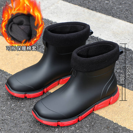 Trendy British Black Rain Boots, Rubber Shoes, Wading Short Boots, Contrasting Black and Red Chinese Style Shoes, Non-Slip and Waterproof Men's Short Boots