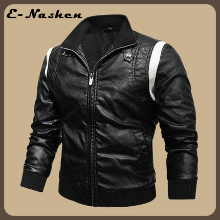 European and American Men's Leather Jacket New Style Stand Collar Removable Hooded Motorcycle Leather Jacket Fashionable Black and White Color Matching Large Size Men's Clothing