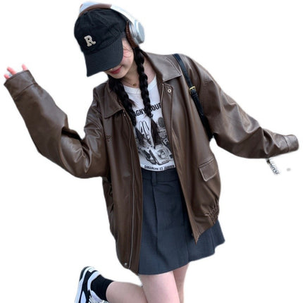 Brown Leather Jacket for Women 2025 Spring & Fall New Style Small Hong Kong Style Retro High-End Jacket Maillard Motorcycle