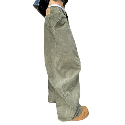 Vintage Long Pants for Women, Deconstructed Versatile High Street Wide-Leg Straight Casual Pants, Men's Style, Spring and Autumn Design, Loose American Green