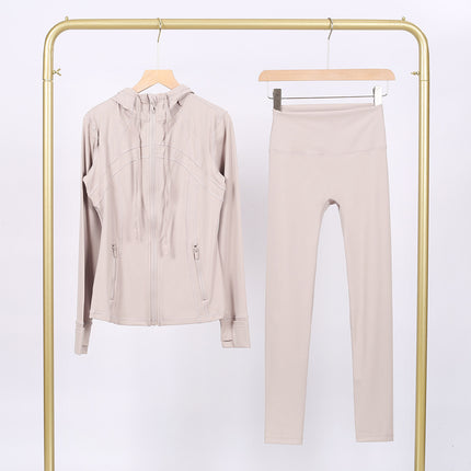 Lulu Df Stamped Hooded Jacket and Cropped Pants Set, Tight-Fitting Stretch Jacket with Gold Zipper, Fitness Yoga Outfit