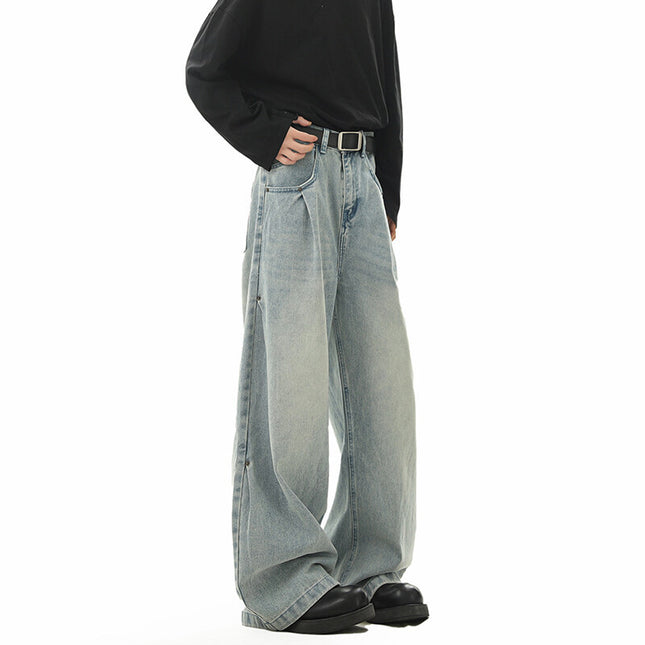 American-Style Drapey Wide-Leg Jeans for Men, Spring and Autumn Straight Loose Scimitar Pants, High Street Clean Fit Pants for Men