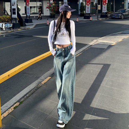 2025 Spring New American Style Retro Scimitar Wide Leg Jeans Women's High Waist Straight Loose Slim-fit Mop Pants