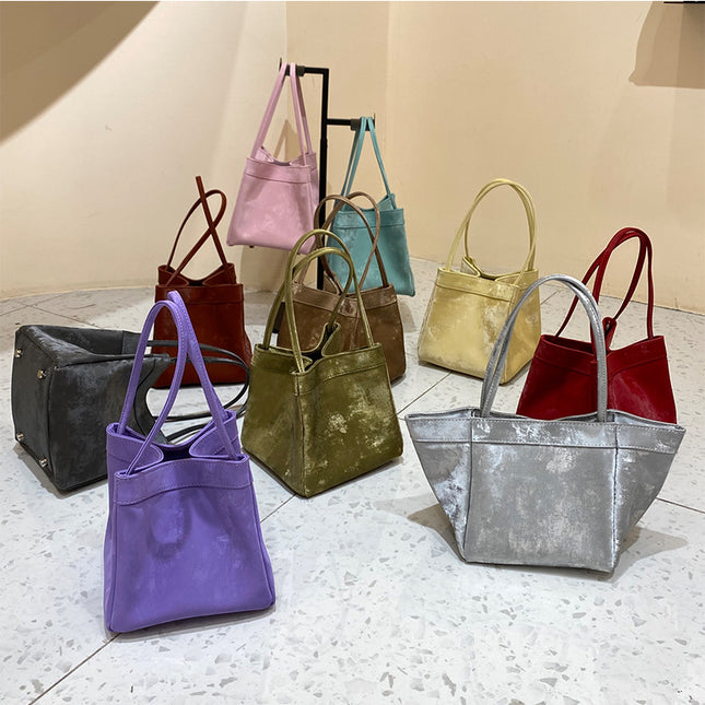 New Chinese Style National Style Vegetable Basket Bag Satin Genuine Leather Small Square Bag Large Capacity Niche Portable Bucket Bag Shoulder Crossbody Bag