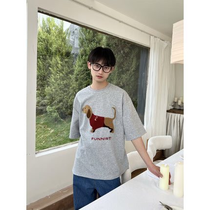 Air Layer Skin-Friendly Dachshund Towel Embroidered Short-Sleeved T-Shirt for Men and Women Summer Heavy Cotton Couple Half-Sleeved T-Shirt