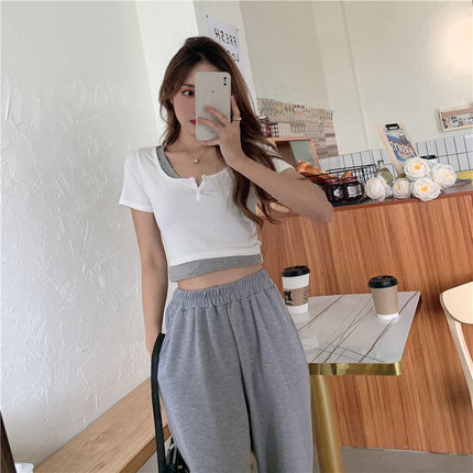 92 Rayon 8 Spandex Summer New Sexy Fake Two-Piece Short-Sleeved T-Shirt Women's Niche Slim Bm Short Crop Top