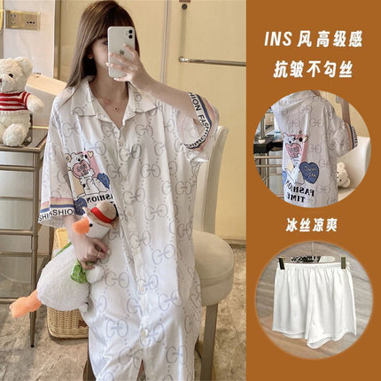 Summer New Style Fashionable Pure Lust Sexy Ice Silk Shirt Pajamas Loose High-End Home Wear Suit for Women