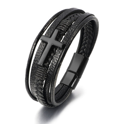 Cross-Border Hot Selling European and American Cross Leather Bracelet Men's Multi-Layer Hand-Woven Rope Magnet Buckle Genuine Leather Bracelet