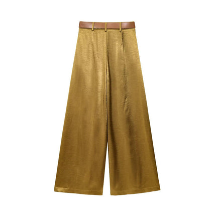 Silk Satin Straight Pants Belt European and American Fashion Versatile Summer Casual Khaki Green Yellow Button Simple