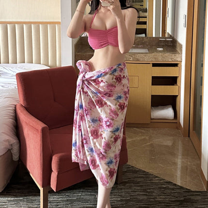 Pure Desire Rose Red Whitening Girl Bikini Wrap Skirt Separates Covering Flesh Slimming Sexy Breast Pad Vacation Swimsuit Women Summer