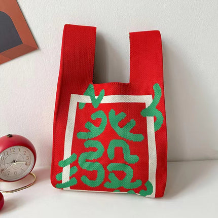 Knitted Handbag Women's Spring New Cartoon Woven Hand Bag Work Sundry Bag Gift Bag Lunch Bag