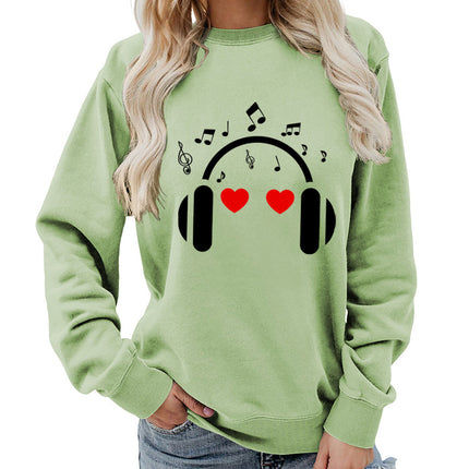 Music Headphones Love Printed Round Neck Women's Top Sweatshirt Foreign Trade Supply Autumn and Winter Coat Casual Loose European Size