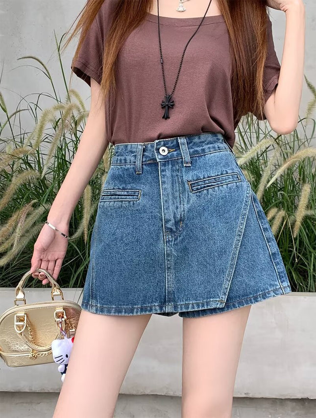 Plus Size Retro A-Line Jeans Women's Summer Pear-Shaped Figure Shorts Fat mm Slimming Look High Waist Hip Culottes