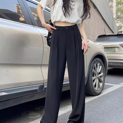 Gray Suit Pants for Women Spring and Summer New High-Waisted Double Pleated Slim Floor-Length Trousers Casual Straight Wide-Leg Pants