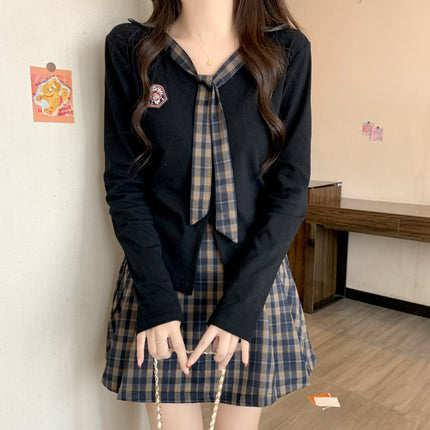2025 New plus size Irregular V-neck Long Sleeve Top Women's Retro Plaid A- Line Skirt Academy Style suit