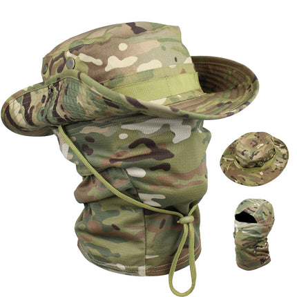 Outdoor Tactical Fisherman Hat Camo Penny Hat Summer Mountaineering Training Sunshade Round Edge Hat Mask Two-piece Set