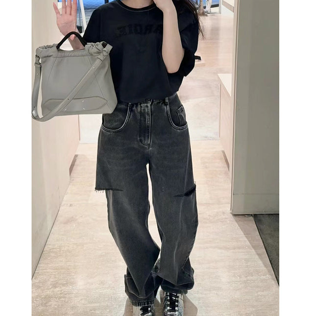 European and American Magila MM Same Style High Waist Wide Leg Knife Cut Hole Fashionable Loose Straight Jeans Women's Black Grey