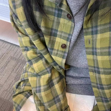 American Retro Green Plaid Shirt Women's 2025 Spring New Design Sense Niche Loose Long Sleeve Shirt Jacket