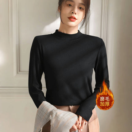 Brushed Thickeneded Small Stand-Up Collar Bottoming Shirt for Women in Spring, Autumn and Winter with Velvet and Thickeneding 2025 New Warm Top for Women