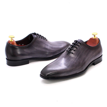 [One-Piece Oxford Shoes - Hand Brushed] Men's Leather Shoes Business Formal British Style Cowhide Men's Shoes Gray