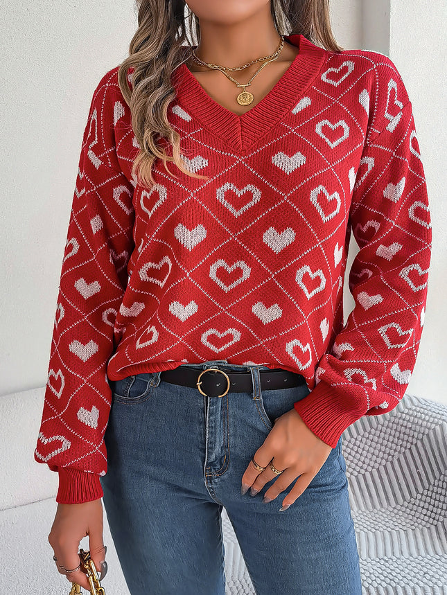 Clearance Sale: Sweet Color-Block Heart Lantern Sleeve Pullover Sweater for Autumn and Winter - Independent Cross-Border European and American Women's Fashion