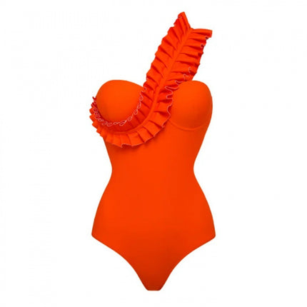 2025 European and American New Style One-Piece Swimsuit with Ruffles and Pleats, One-Shoulder One-Piece Swimsuit, Popular Huludao Swimwear