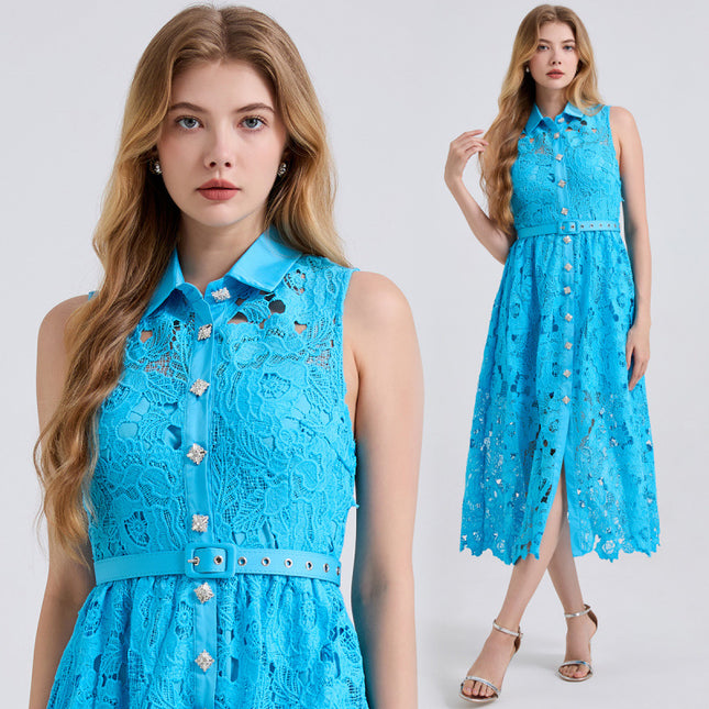 Actual Shot of New Summer Products, Contrasting Color Shirt Collar, Slim High-Waisted Sleeveless Dress, Waist-Cinching Diamond Button Skirt