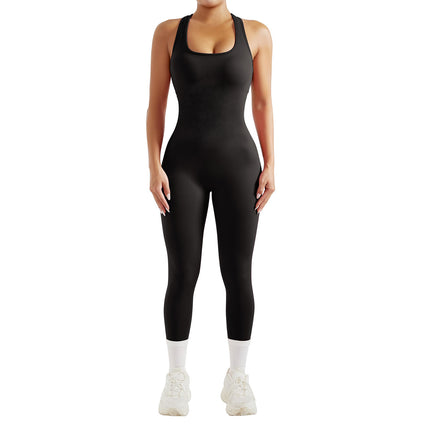 2024 new solid color sleeveless U-neck back hollow yoga tight jumpsuit sports jumpsuit