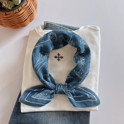 2025 Spring and Summer New Cotton Small Square Soft Printed Scarf Neck Protecting Small Scarf Sunscreen Headscarf Hair Belt Women