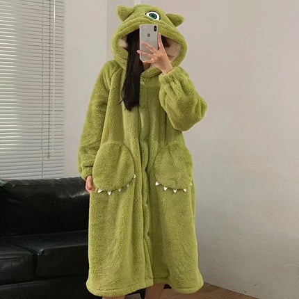 Cartoon Big-eyed Nightgown Pajamas Coral Fleece Autumn and Winter Hooded Cute Loose Long Couple