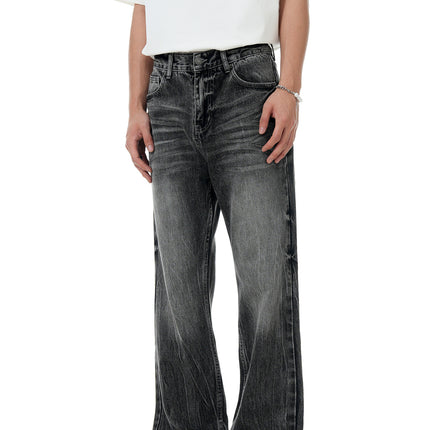 11Kn American Black Bootcut Jeans Lightning Cracked Washed Retro Distressed Loose Slim Casual Pants