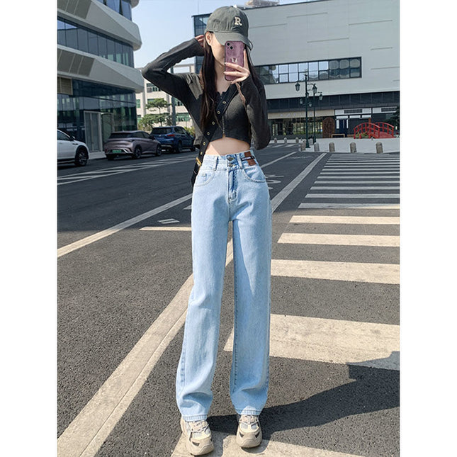 Two-Button Petite Black-Gray Wide-Leg Jeans for Women, 2025 Retro Vintage Spring Style, Drapey Floor-Length Pants