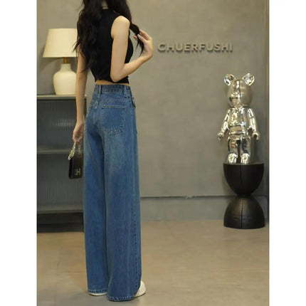 Women's Autumn New Faux Two-Piece Jeans, Slimming High-Waisted Pants, New Stylish Versatile Straight-Leg