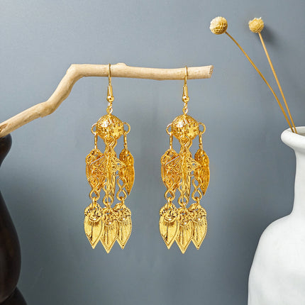 Ethnic Peacock Earrings Golden Bell Tassel Earrings Bohemian Leaf Pendant Scenic Earrings Wholesale