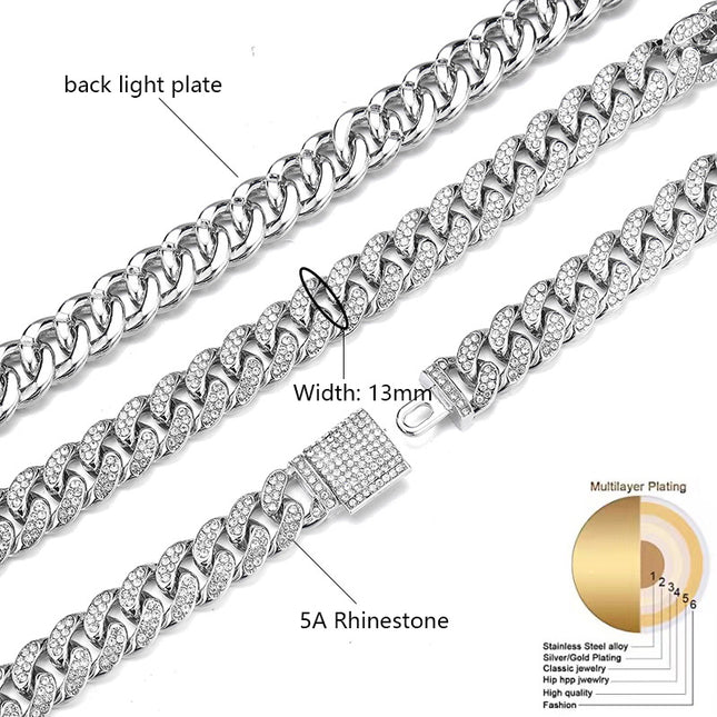 European and American explosives box buckle Cuban chain trend Joker alloy rhinestone 12mm men's necklace metal chain wholesale