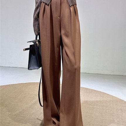 Spring and Autumn New Style Old Money Style Brown Coffee Color Suit Pants for Women, Wide-Leg Pants with Drape Effect, Slimming, Extended Length for Tall Individuals, Straight-Leg Pants