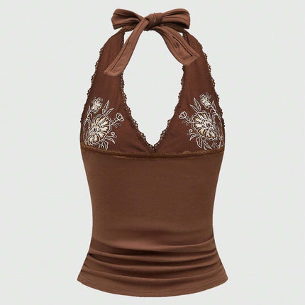 Topic 3 Sexy Floral Embroidery Lace Stitching Lace Vest Hanging Neck Slim-Fit Slimming Sling