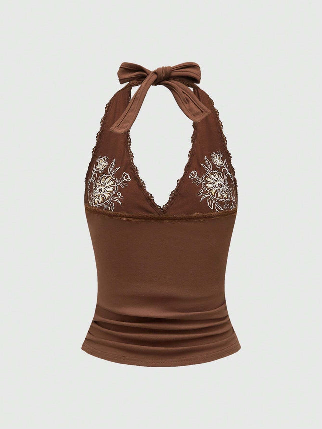 Topic 3 Sexy Floral Embroidery Lace Stitching Lace Vest Hanging Neck Slim-Fit Slimming Sling