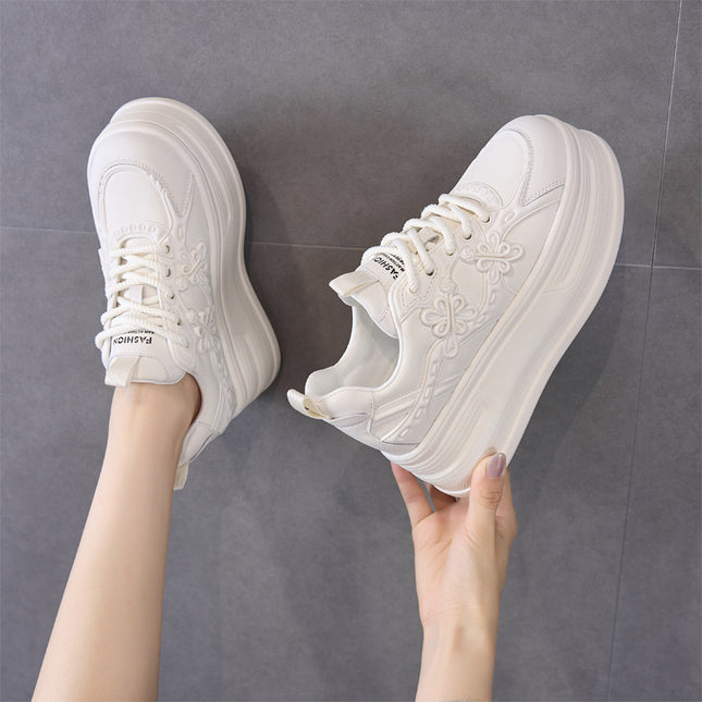 Chinese Style Thick-Soled Height-Increasing White Shoes for Women 2025 Autumn and Winter New Versatile Breathable Casual Shoes Chinese Knot Women's Shoes