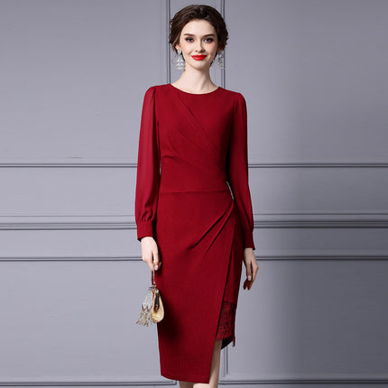 Zhilike Red Irregular Bodycon Wrap Dress, High-End Luxury Lace Patchwork Dress That Accentuates the Figure, Spring Collection