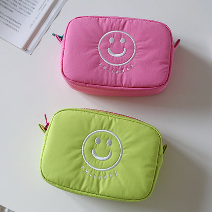 Cute Smiling Face Storage Bag, Multi-Functional Fabric Makeup Bag, Portable Clutch Bag, Female Japanese-Style Student Small Bag, Contrasting Colors