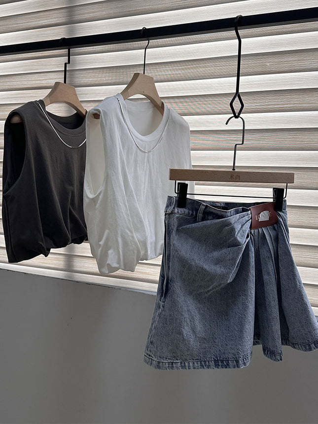 25 Spring and Summer New Pleated Leather Brand Denim Skirt Can Be Salty or Sweet, Age-Reducing, Fashionable, Versatile, Slimming and High-Waisted