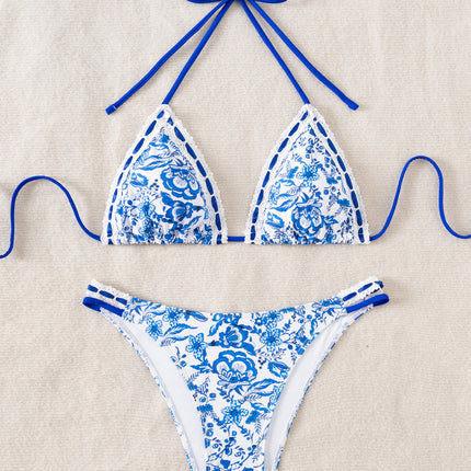 Billion Swimming 2025 European and American New Bikini Sexy Printed Neck Lace Swimsuit Women's Split Swimwear for Foreign Trade