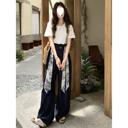 Cool and Stylish T-Shirt and Floral Denim Overalls Set for Women, Summer Outfit, Elegant and Classy Two-Piece Set with a High-End Feel
