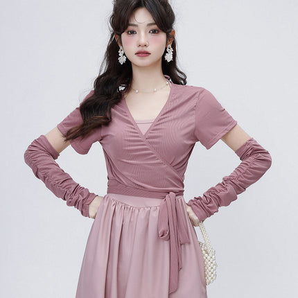 Sweet Bean Paste Color Ballet Girl Simple Sleeves Detachable Suspender Blouse to Cover the Flesh Hot Spring Seaside Swimsuit for Women