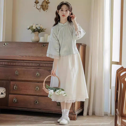Women's Republic of China Style Student Suit Hanfu Tang Suit Improved Cheongsam suit Girlfriend Artistic Fresh Top Two-piece suit